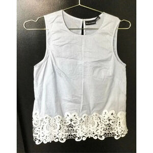 Belle Vere Womens Blue Ivory Striped Keyhole Lace Sleeveless Top Size Small